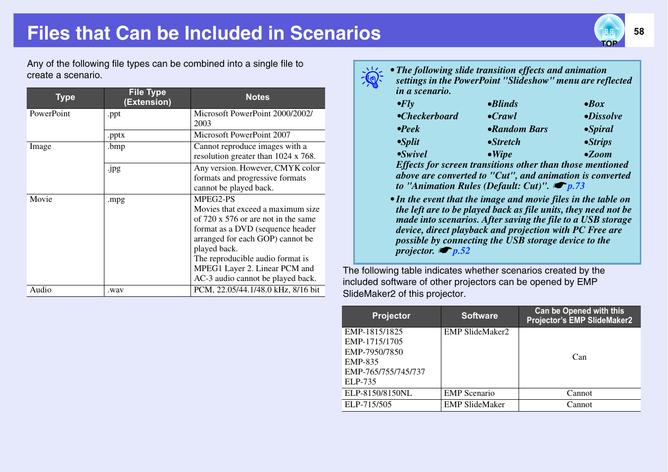 Files that can be included in scenarios | Epson EASYMP EMP-1705 User Manual | Page 58 / 100