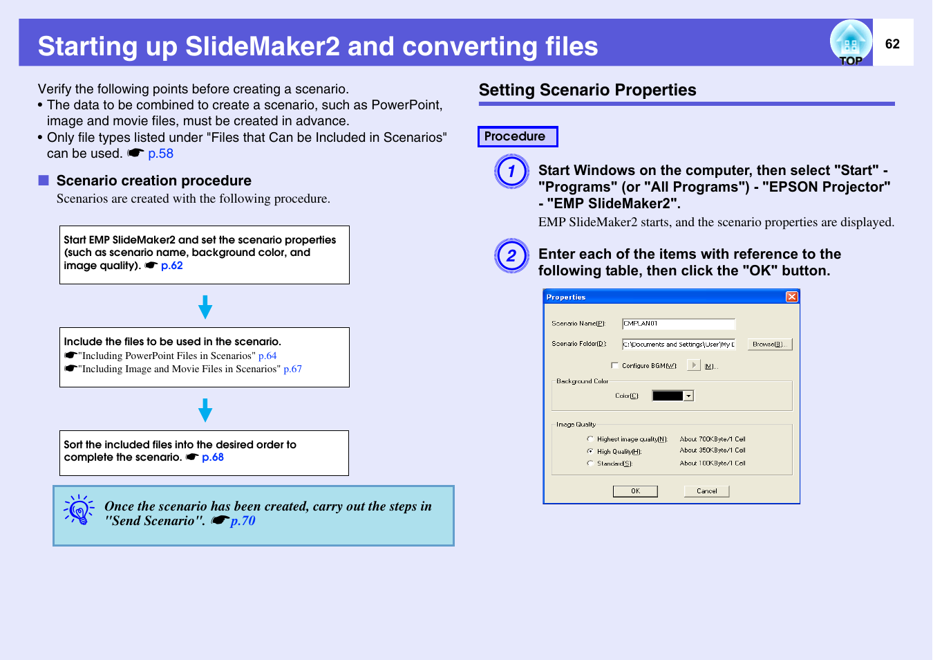Starting up slidemaker2 and converting files, Setting scenario properties, Ntation with bgm s | P.62, Scenario creation procedure, Starting up slidemaker2 and converting, Files. s | Epson EASYMP EMP-1705 User Manual | Page 62 / 100