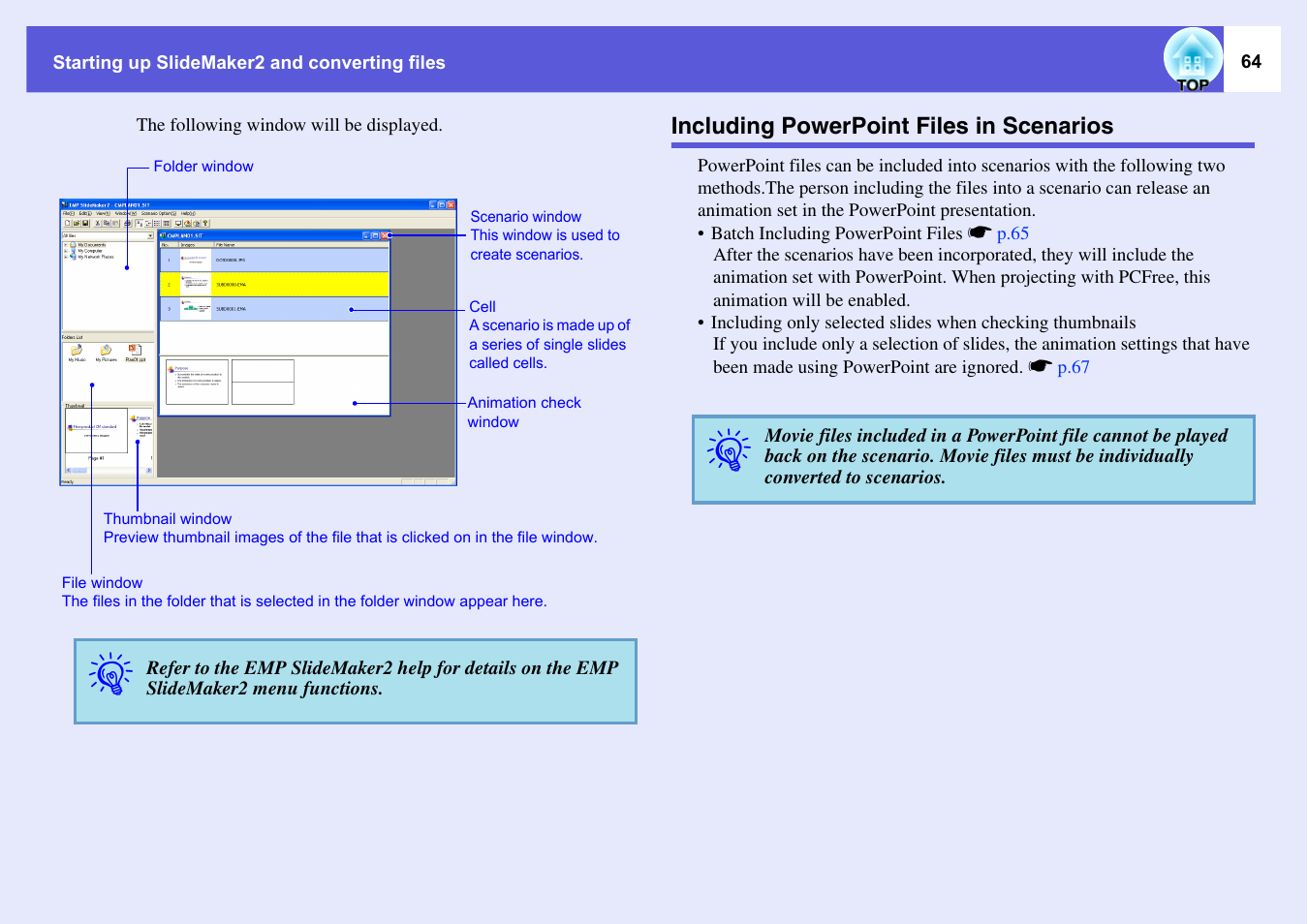 Including powerpoint files in scenarios, N startss, P.64 | Epson EASYMP EMP-1705 User Manual | Page 64 / 100