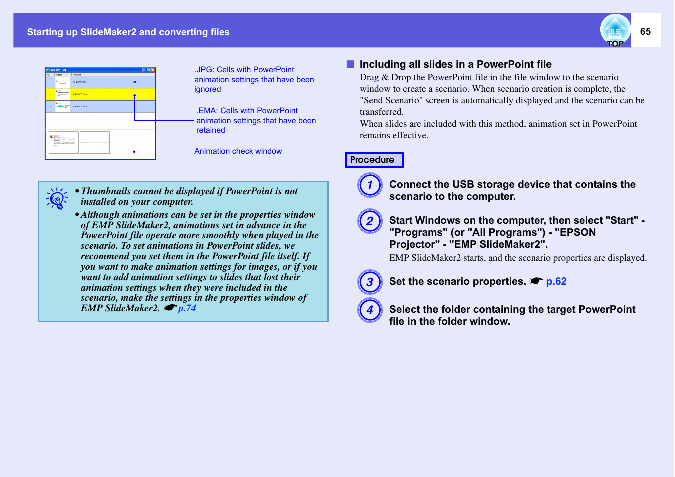 Including all slides in a powerpoint file, P.65 | Epson EASYMP EMP-1705 User Manual | Page 65 / 100