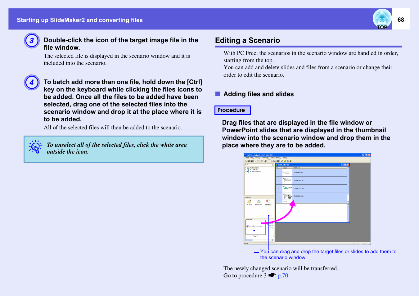 Editing a scenario, Adding files and slides, P.68 | Epson EASYMP EMP-1705 User Manual | Page 68 / 100