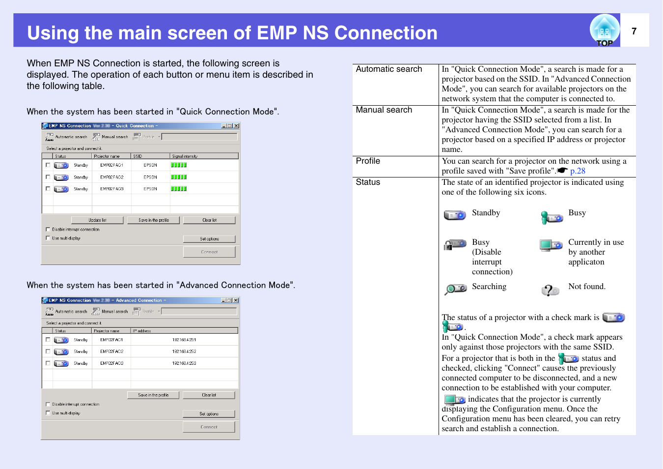 Using the main screen of emp ns connection | Epson EASYMP EMP-1705 User Manual | Page 7 / 100