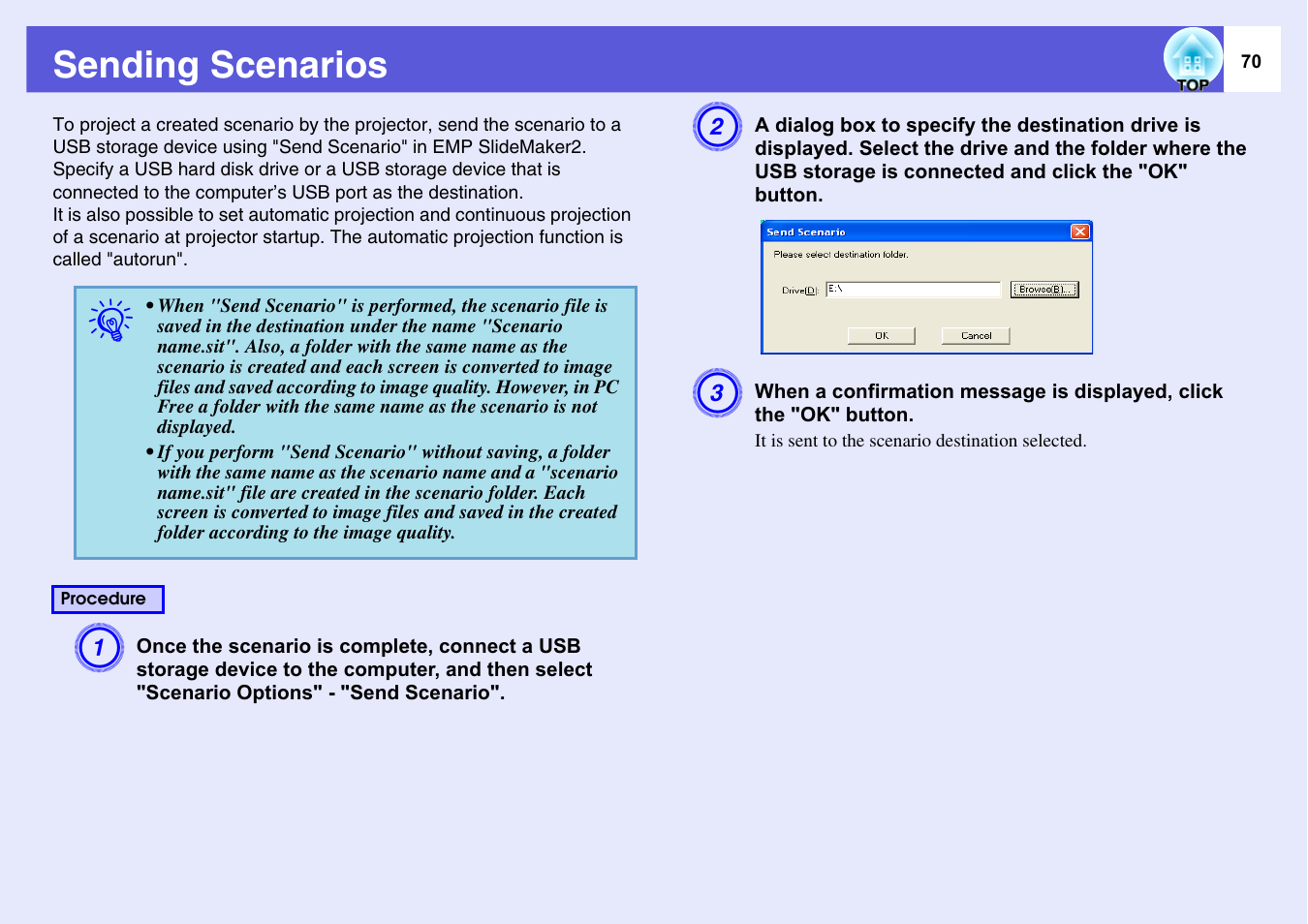 Sending scenarios, P.70, Sending scenarios s | Send scenario". s, Go to procedure 3 of s | Epson EASYMP EMP-1705 User Manual | Page 70 / 100