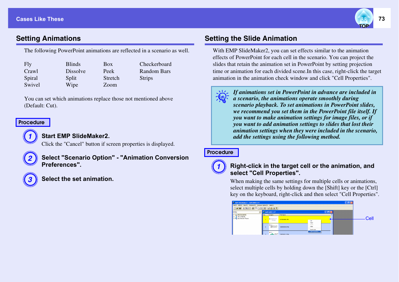 Setting animations, Setting the slide animation, Setting animations setting the slide animation | P.73, Cut)". s | Epson EASYMP EMP-1705 User Manual | Page 73 / 100