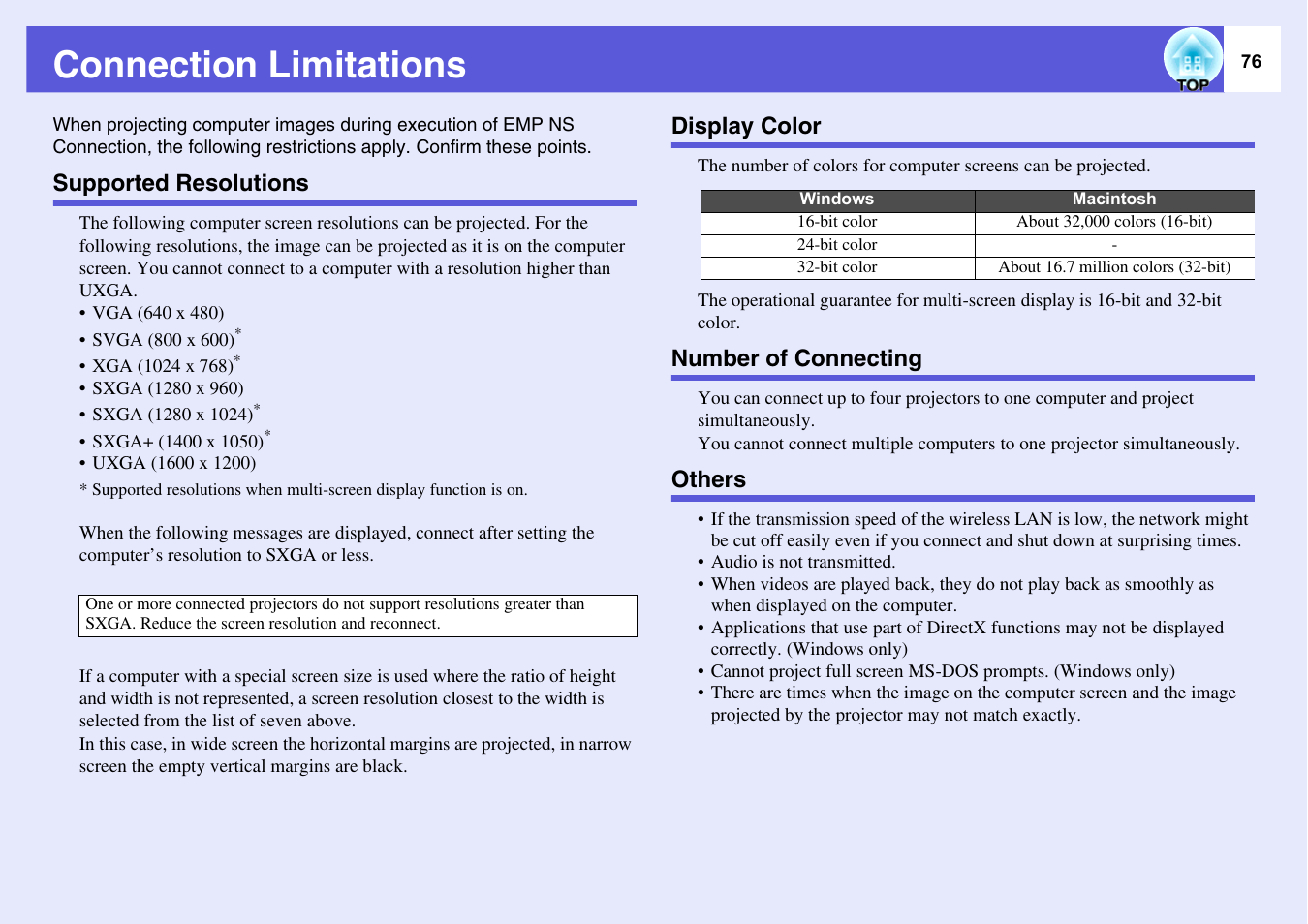 Connection limitations, Supported resolutions, Display color | Number of connecting, Others, Colors, see "connection limitations". s, P.76, Display color • number of connecting | Epson EASYMP EMP-1705 User Manual | Page 76 / 100