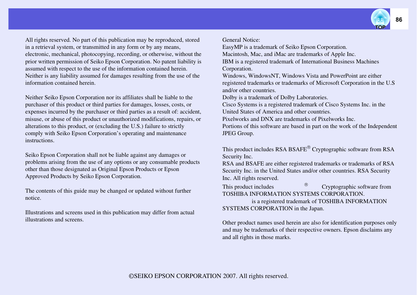 Epson EASYMP EMP-1705 User Manual | Page 86 / 100
