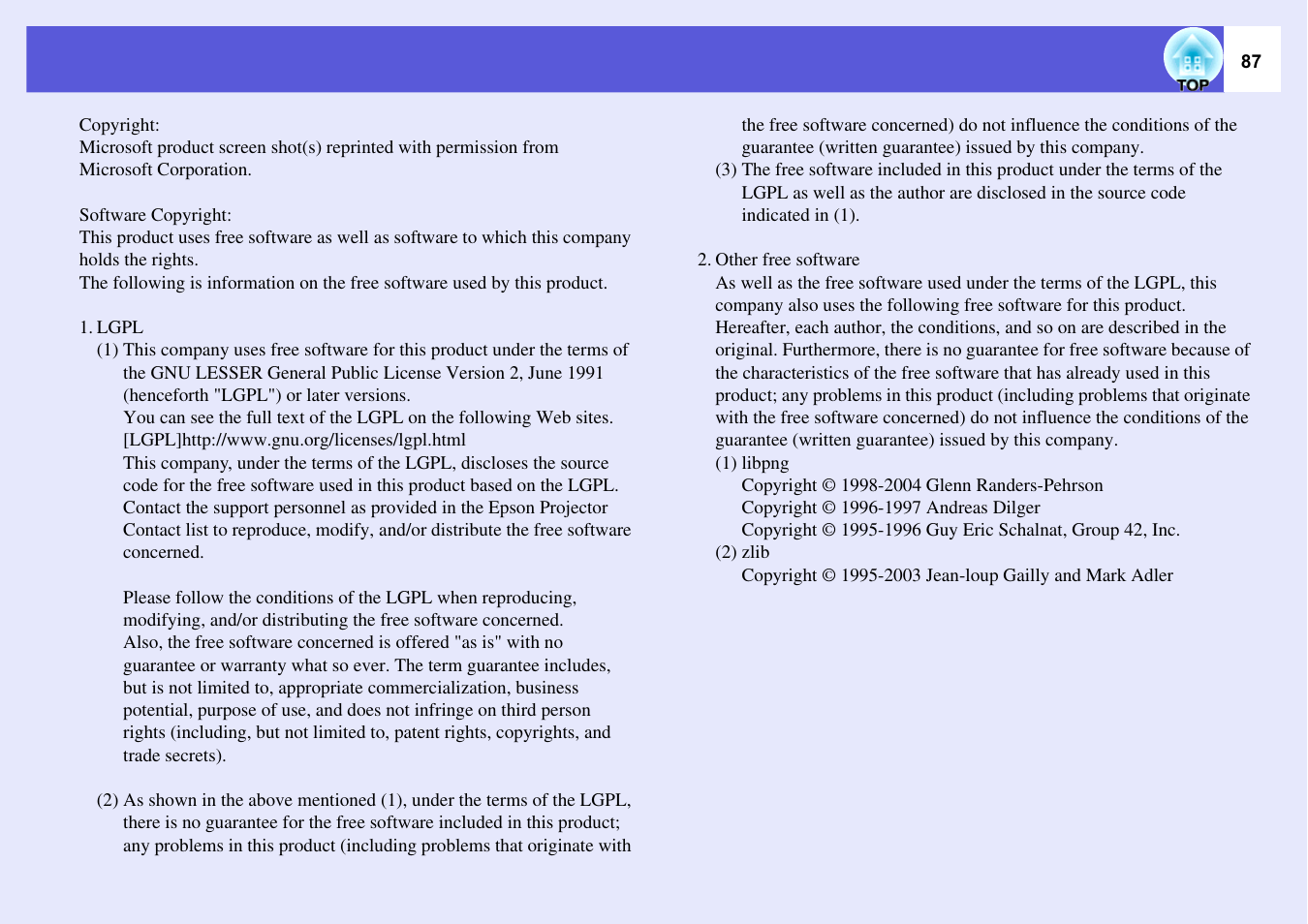 Epson EASYMP EMP-1705 User Manual | Page 87 / 100