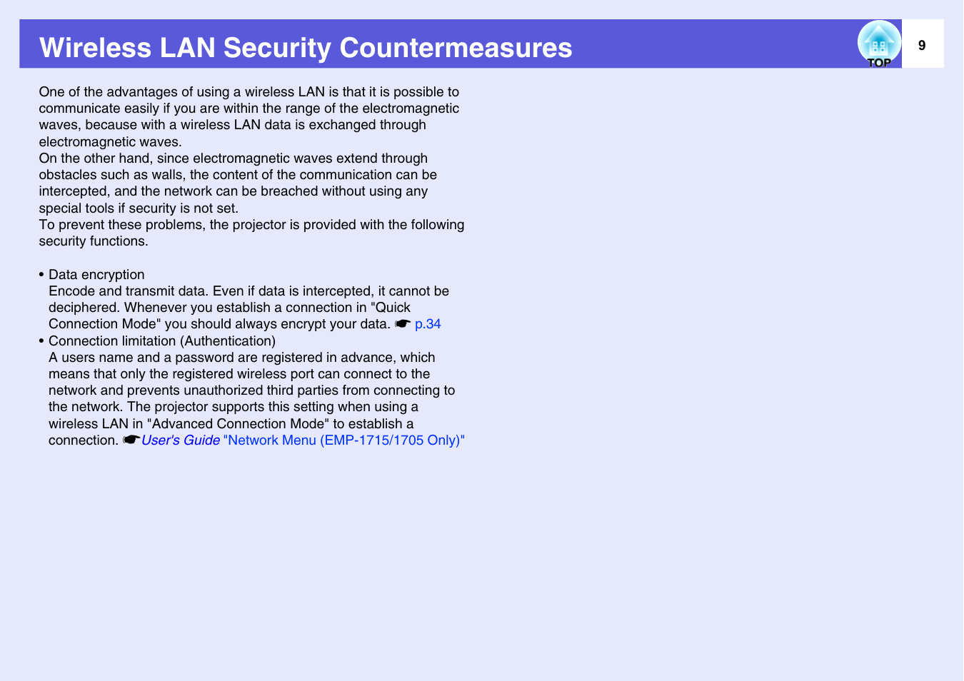 Wireless lan security countermeasures | Epson EASYMP EMP-1705 User Manual | Page 9 / 100