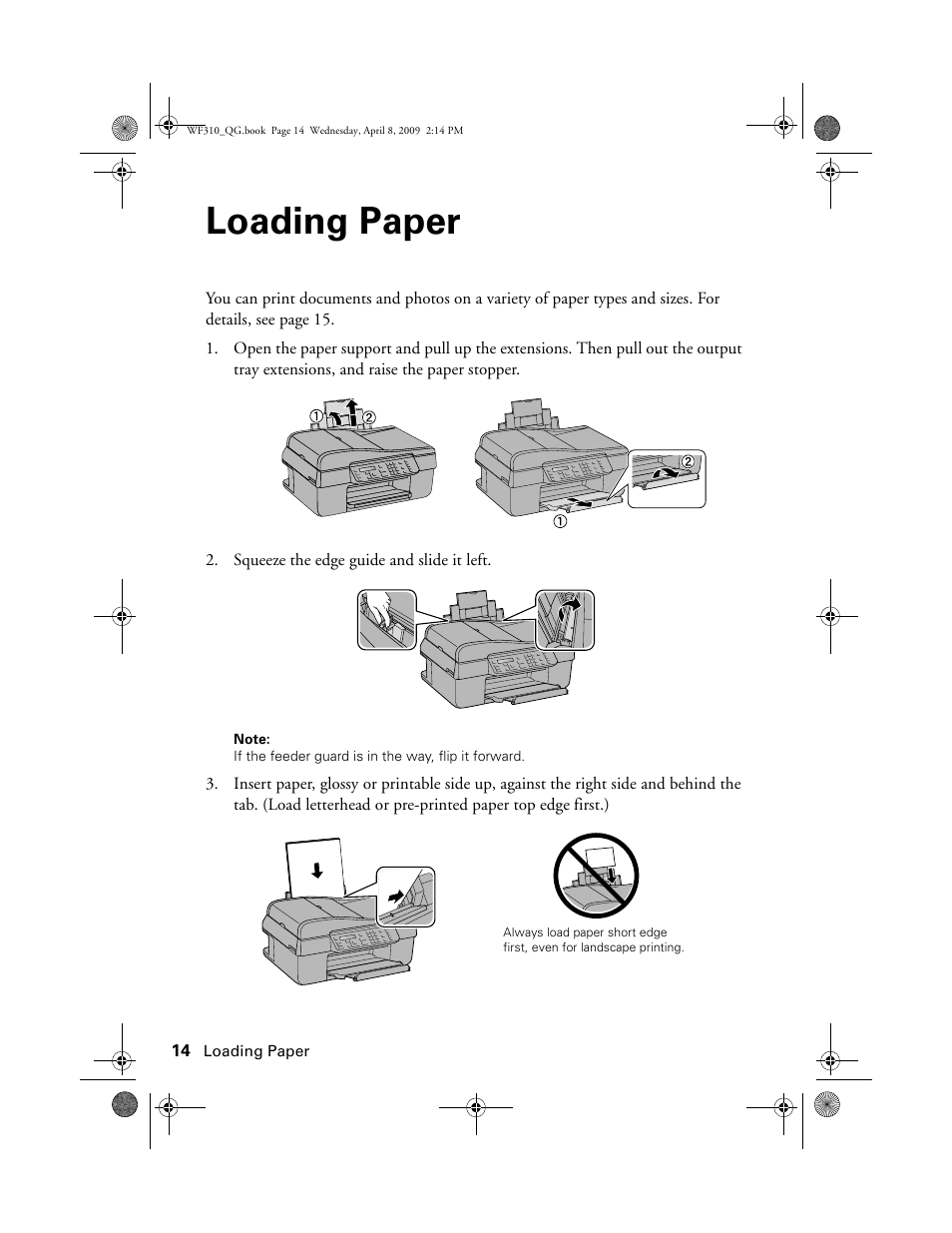 Loading paper | Epson WorkForce C362B User Manual | Page 14 / 64