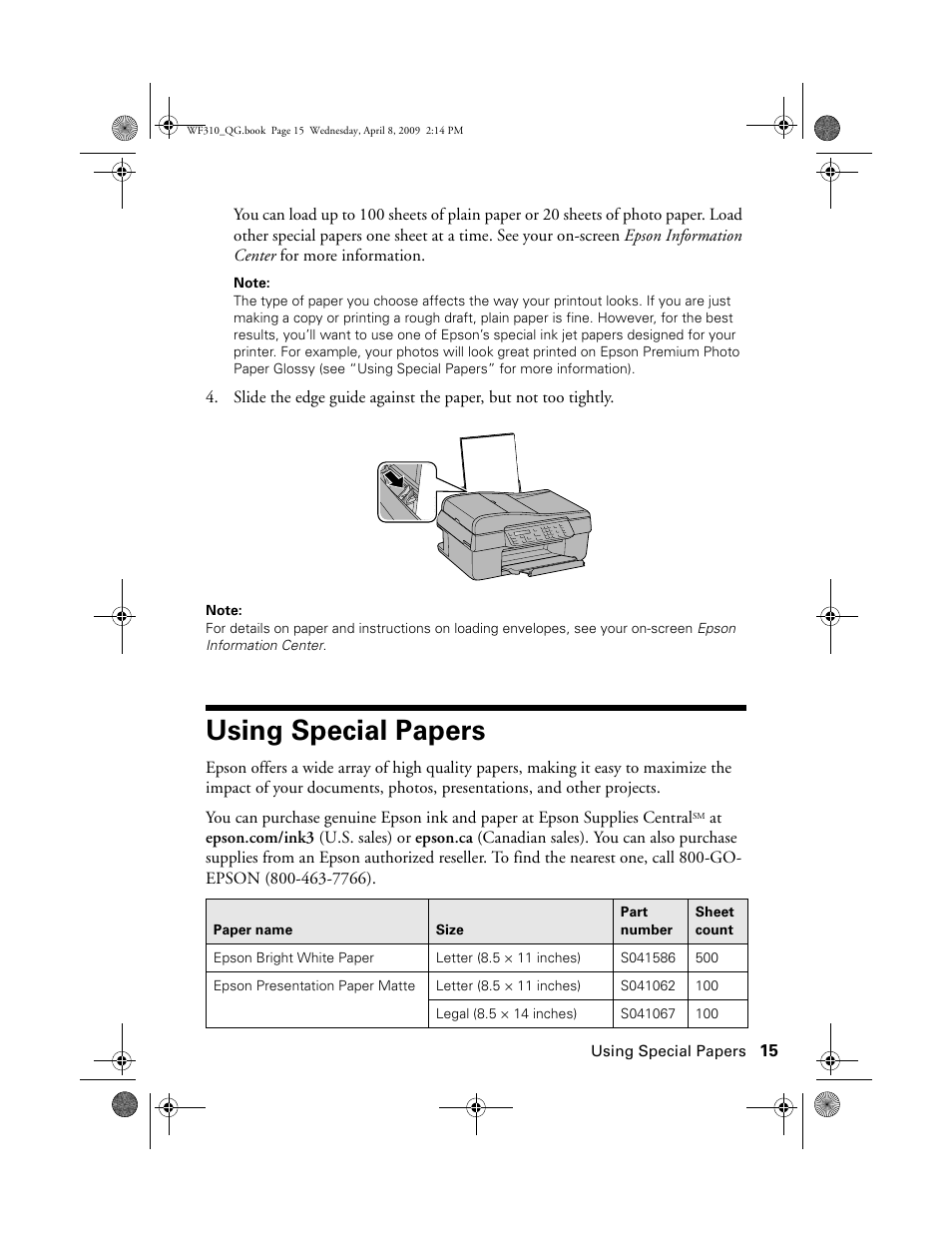 Using special papers | Epson WorkForce C362B User Manual | Page 15 / 64