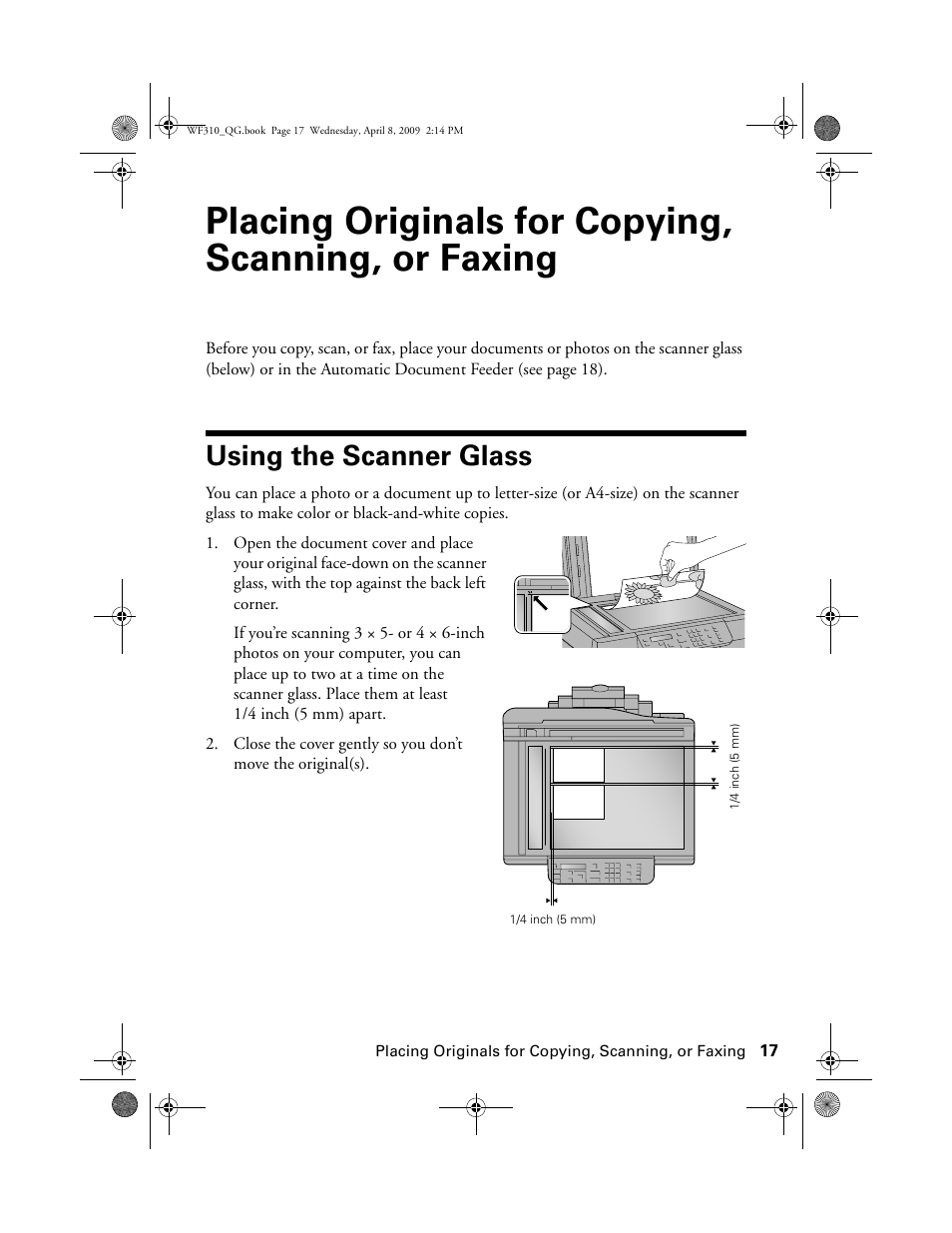 Placing originals for copying, scanning, or faxing, Using the scanner glass | Epson WorkForce C362B User Manual | Page 17 / 64