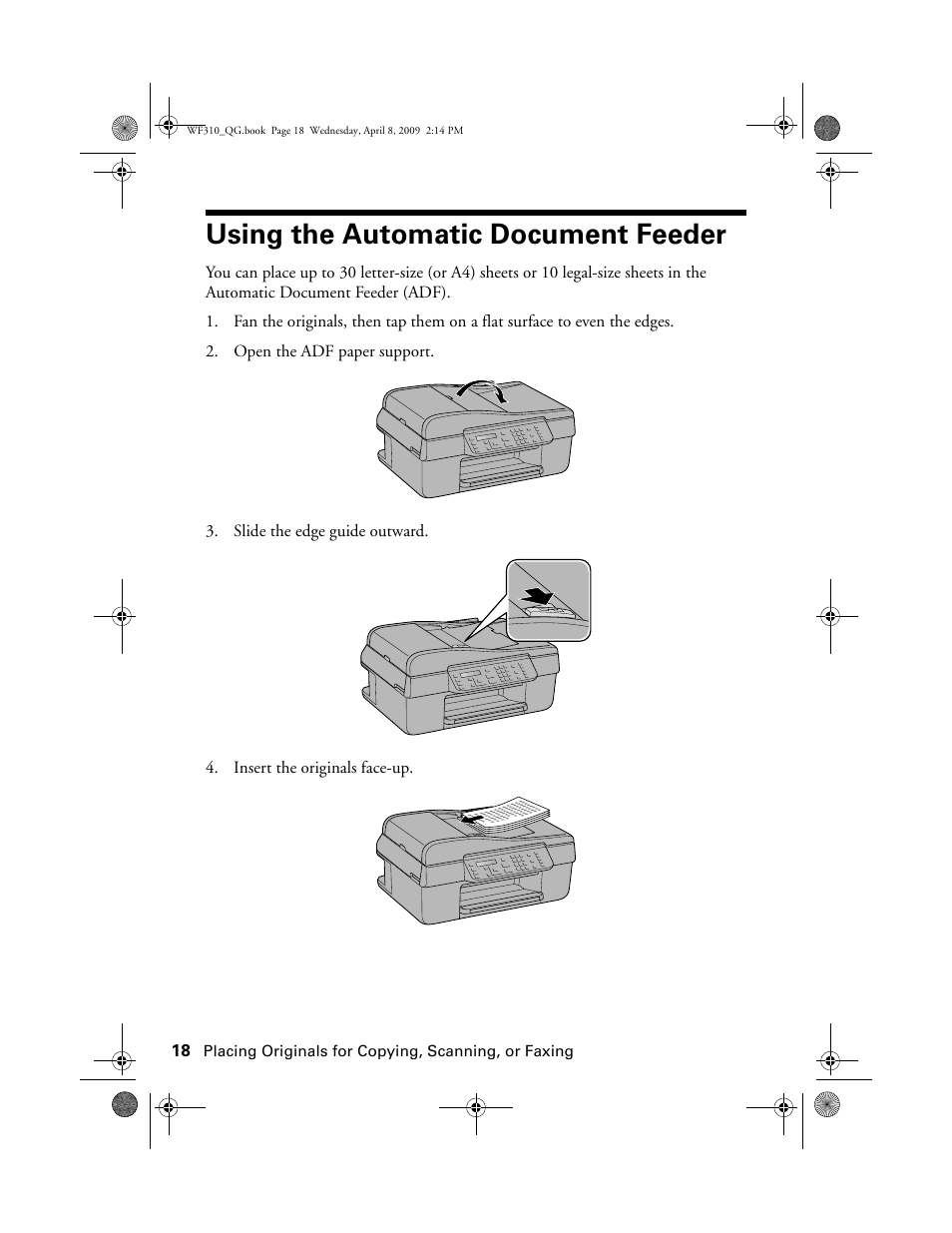 Using the automatic document feeder | Epson WorkForce C362B User Manual | Page 18 / 64