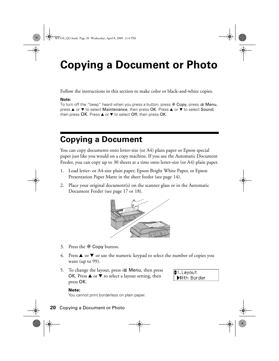 Copying a document or photo, Copying a document | Epson WorkForce C362B User Manual | Page 20 / 64