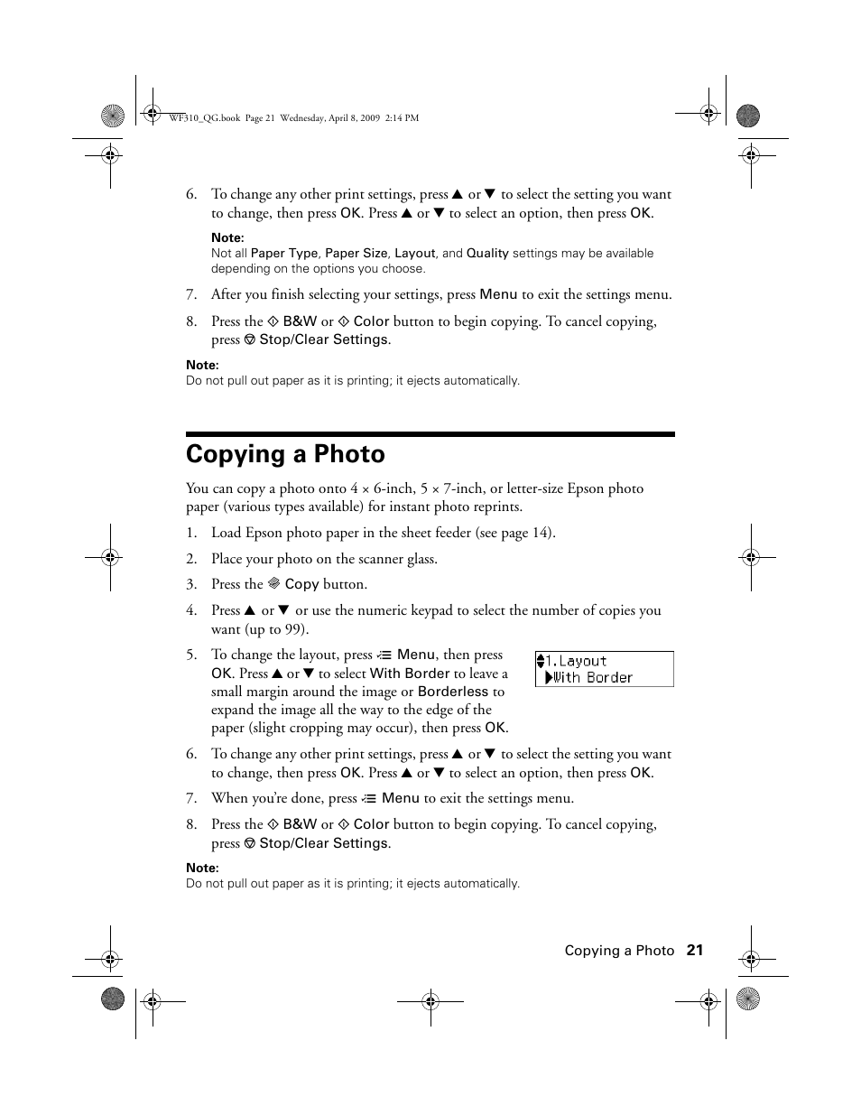 Copying a photo | Epson WorkForce C362B User Manual | Page 21 / 64