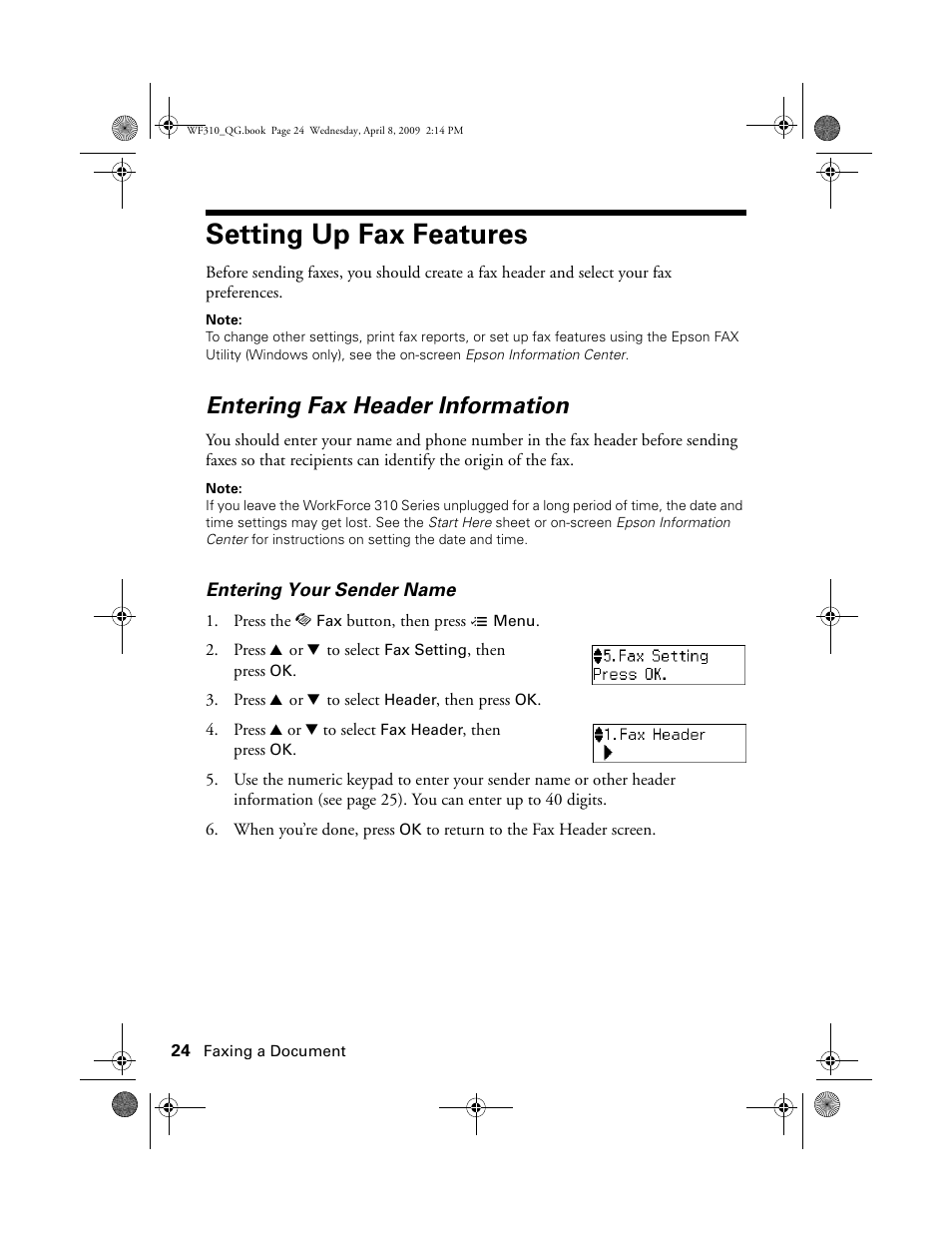 Setting up fax features, Entering fax header information | Epson WorkForce C362B User Manual | Page 24 / 64