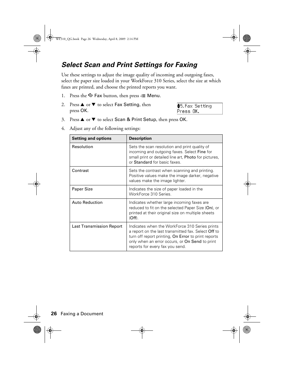 Select scan and print settings for faxing | Epson WorkForce C362B User Manual | Page 26 / 64