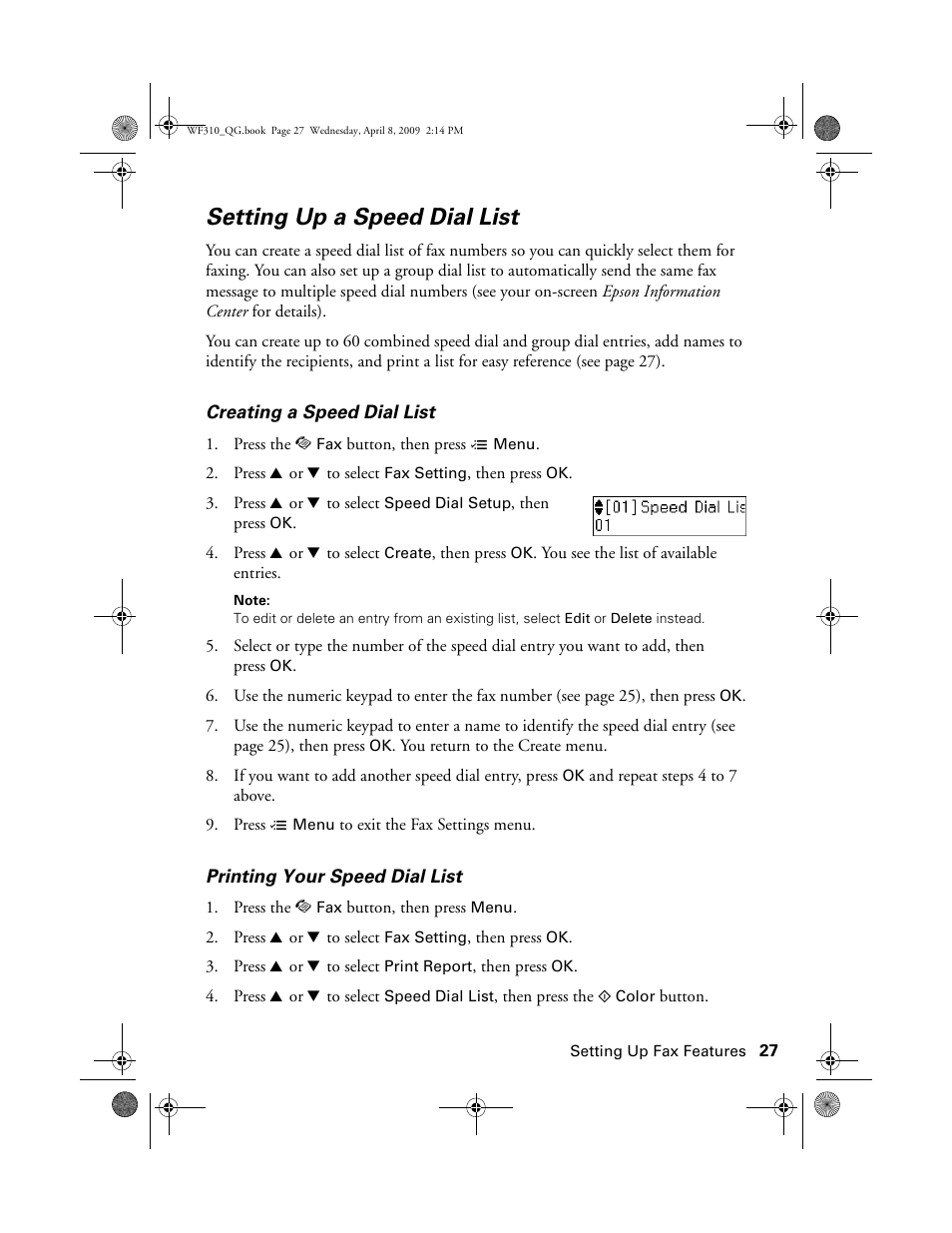 Setting up a speed dial list | Epson WorkForce C362B User Manual | Page 27 / 64