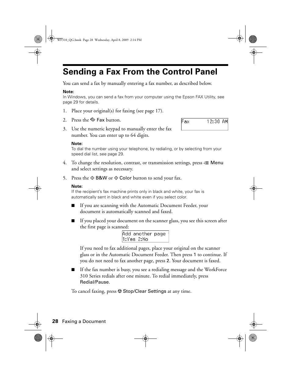 Sending a fax from the control panel | Epson WorkForce C362B User Manual | Page 28 / 64