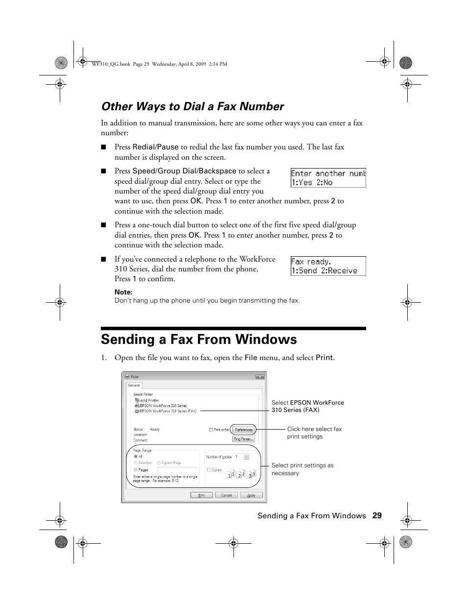Other ways to dial a fax number, Sending a fax from windows | Epson WorkForce C362B User Manual | Page 29 / 64
