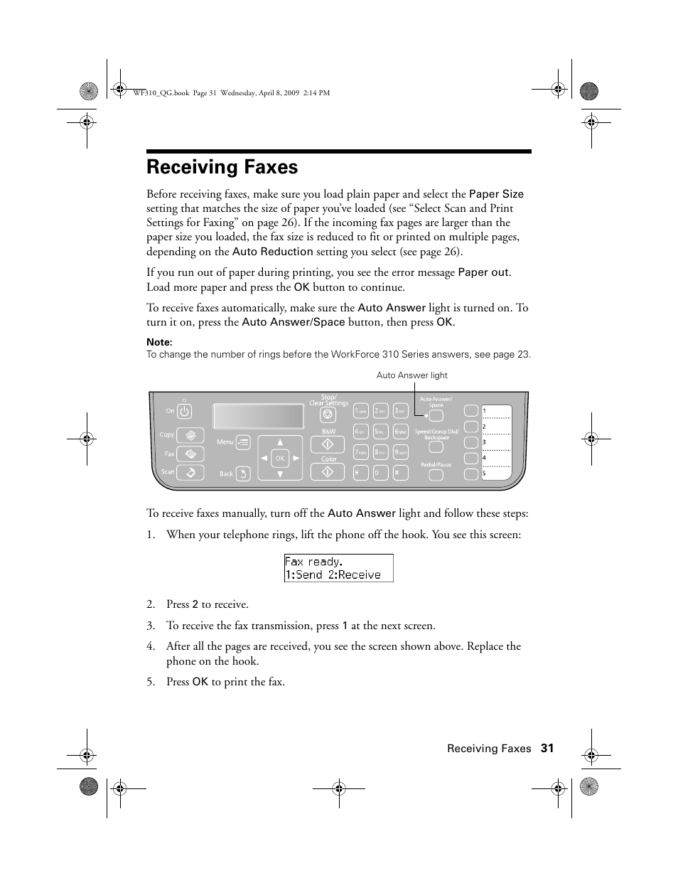 Receiving faxes | Epson WorkForce C362B User Manual | Page 31 / 64