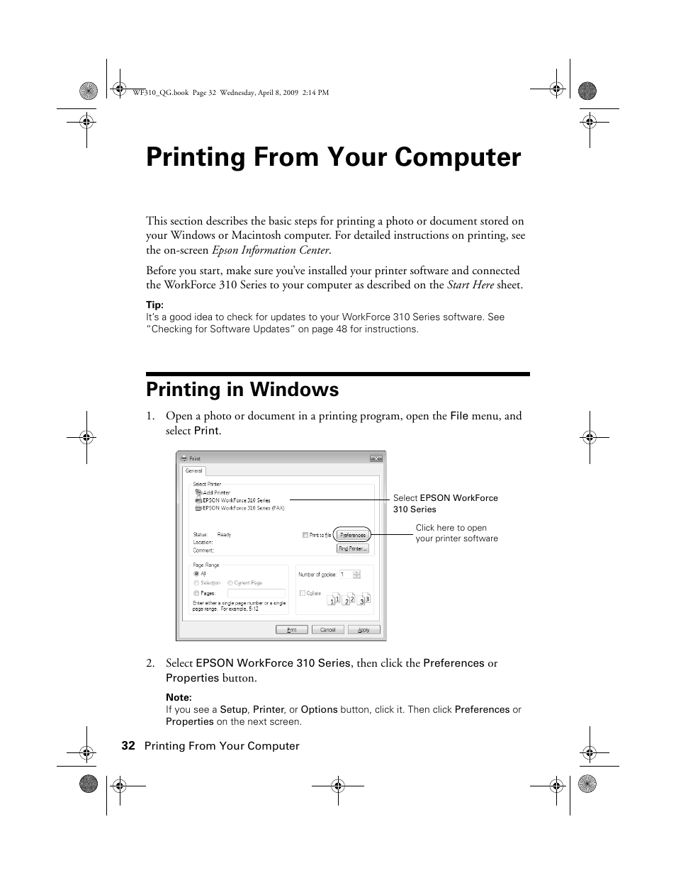 Printing from your computer, Printing in windows | Epson WorkForce C362B User Manual | Page 32 / 64