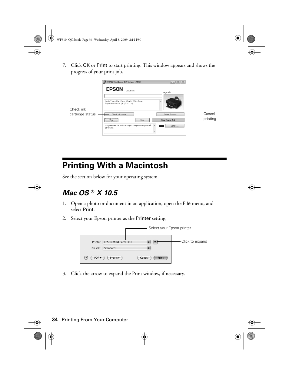 Printing with a macintosh, Mac os ® x 10.5, Mac os | X 10.5 | Epson WorkForce C362B User Manual | Page 34 / 64