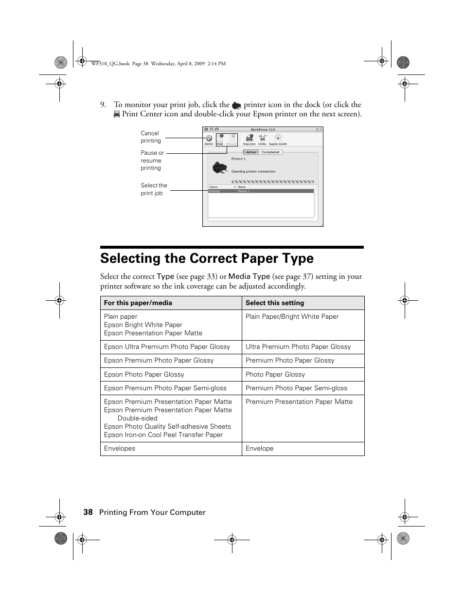 Selecting the correct paper type | Epson WorkForce C362B User Manual | Page 38 / 64