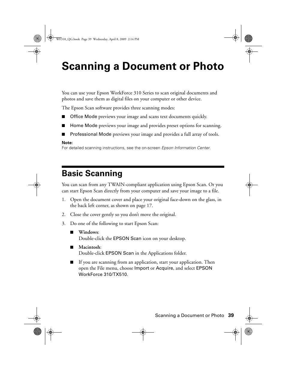 Scanning a document or photo, Basic scanning | Epson WorkForce C362B User Manual | Page 39 / 64