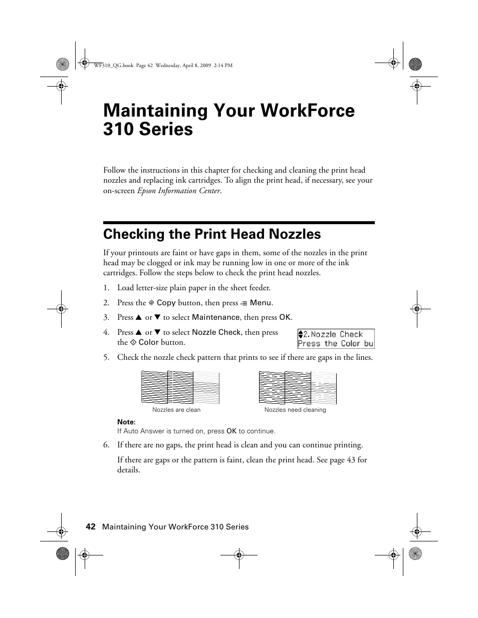 Maintaining your workforce 310 series, Checking the print head nozzles | Epson WorkForce C362B User Manual | Page 42 / 64