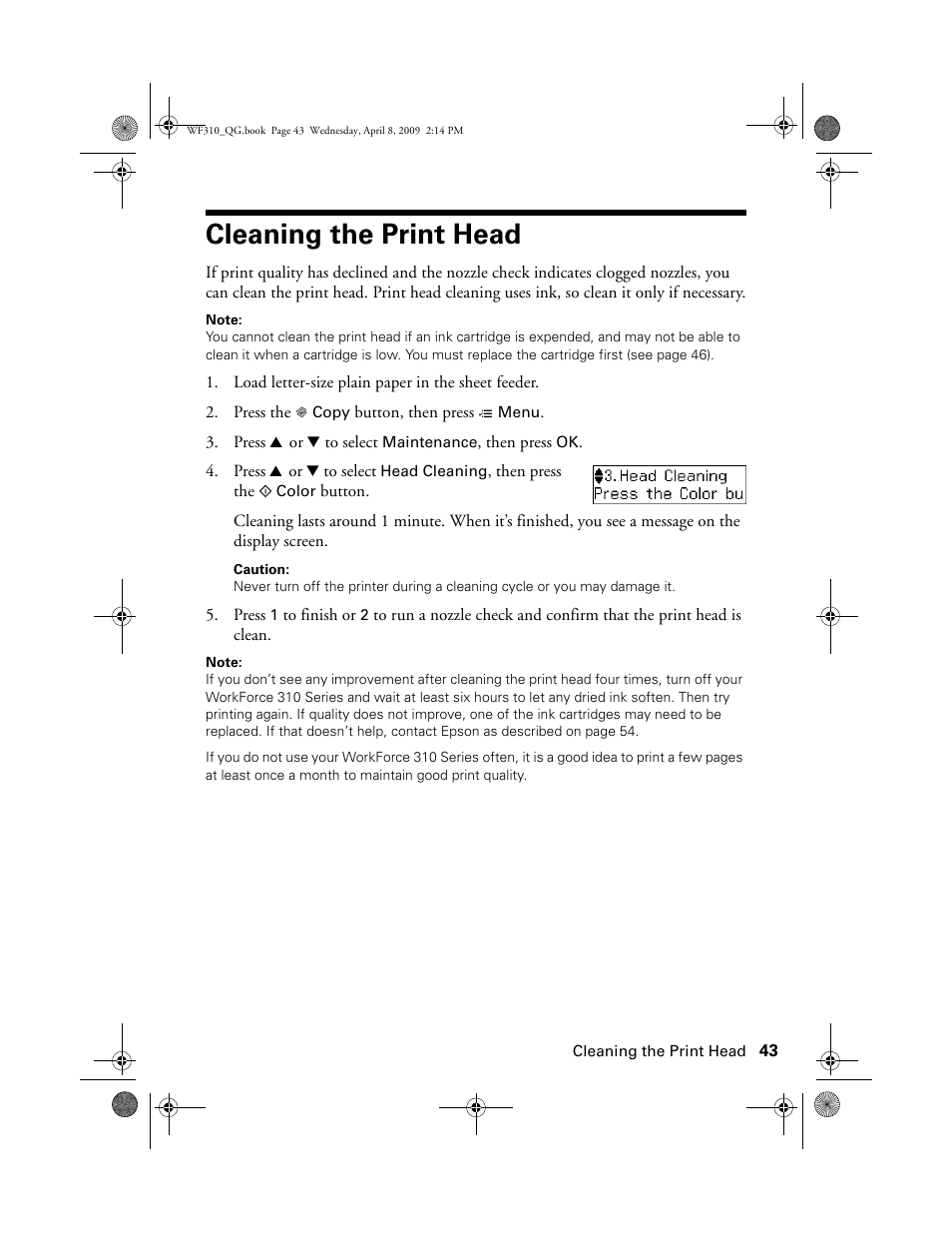 Cleaning the print head | Epson WorkForce C362B User Manual | Page 43 / 64