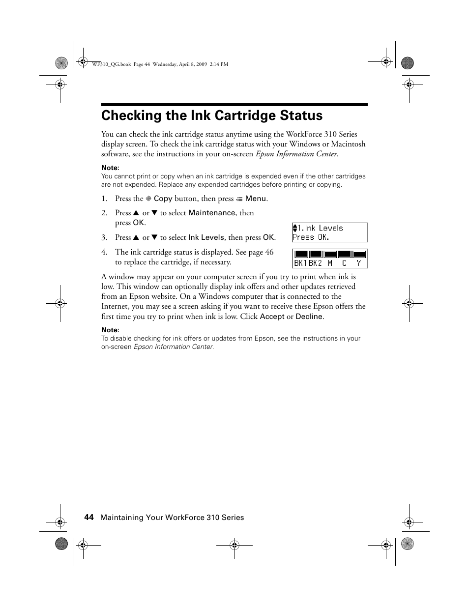 Checking the ink cartridge status | Epson WorkForce C362B User Manual | Page 44 / 64
