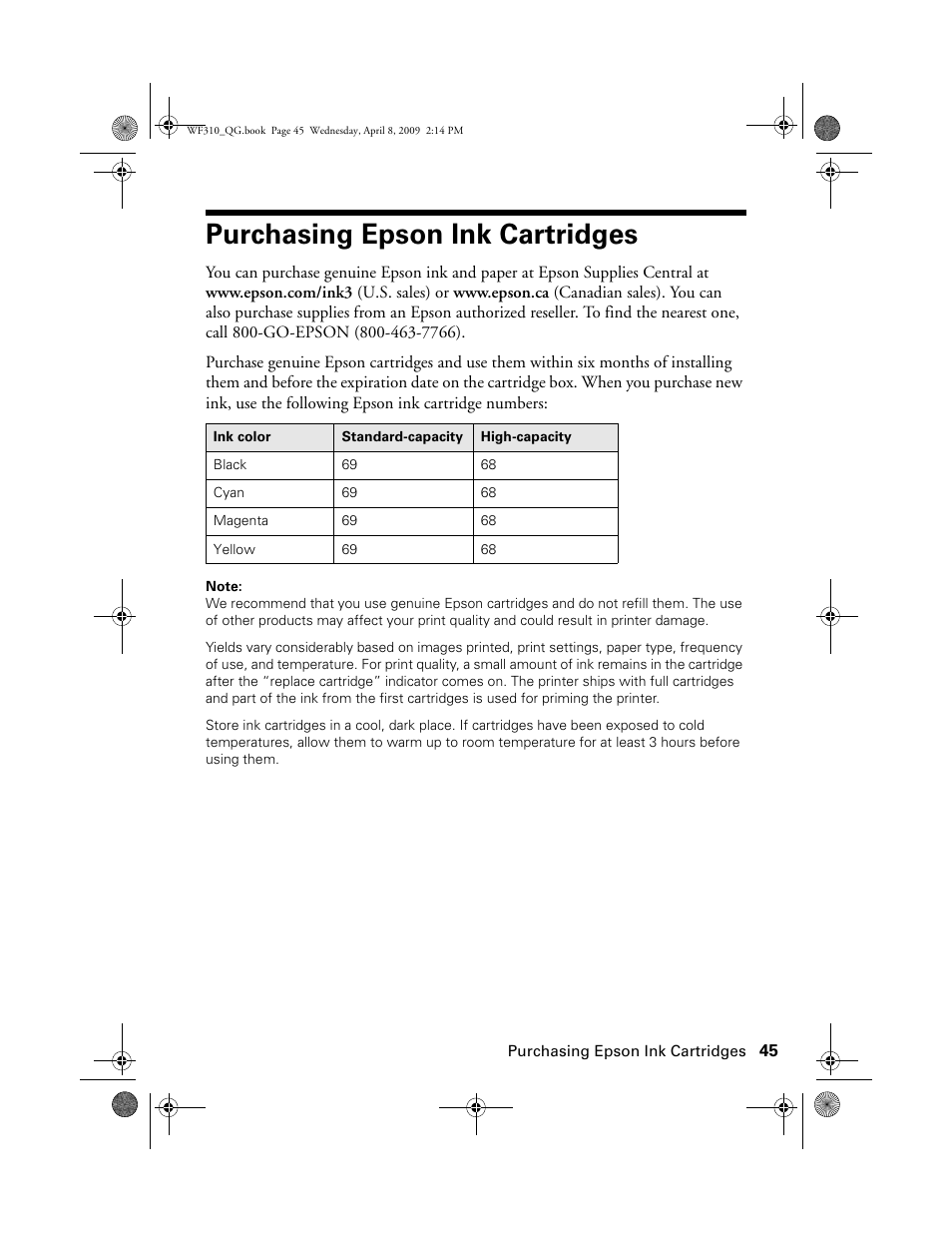 Purchasing epson ink cartridges | Epson WorkForce C362B User Manual | Page 45 / 64