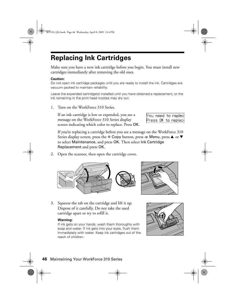 Replacing ink cartridges | Epson WorkForce C362B User Manual | Page 46 / 64