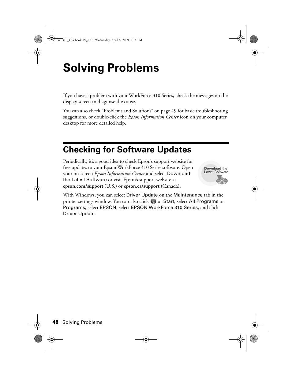 Solving problems, Checking for software updates | Epson WorkForce C362B User Manual | Page 48 / 64