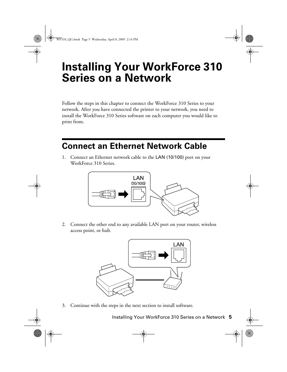 Installing your workforce 310 series on a network, Connect an ethernet network cable | Epson WorkForce C362B User Manual | Page 5 / 64