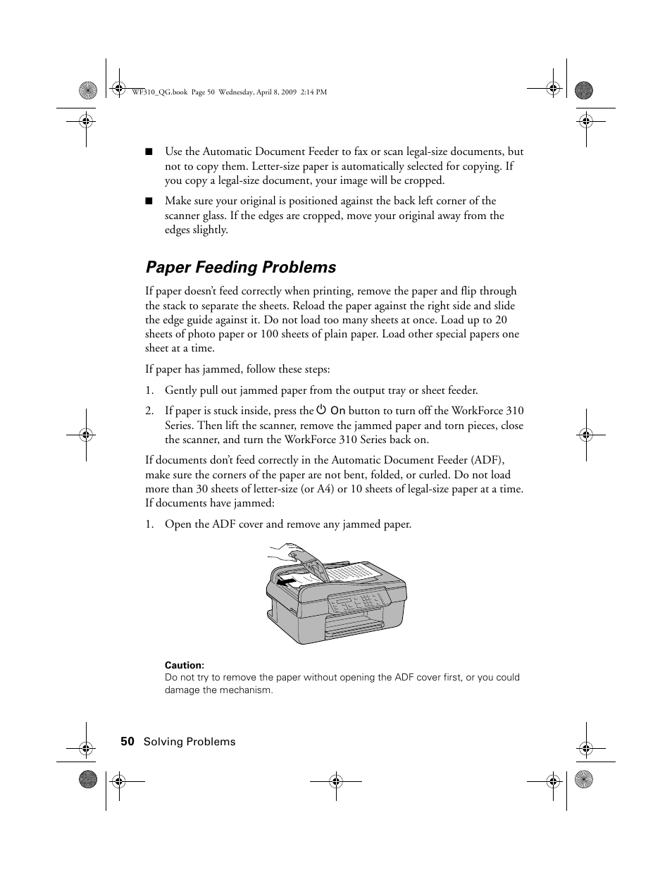 Paper feeding problems | Epson WorkForce C362B User Manual | Page 50 / 64