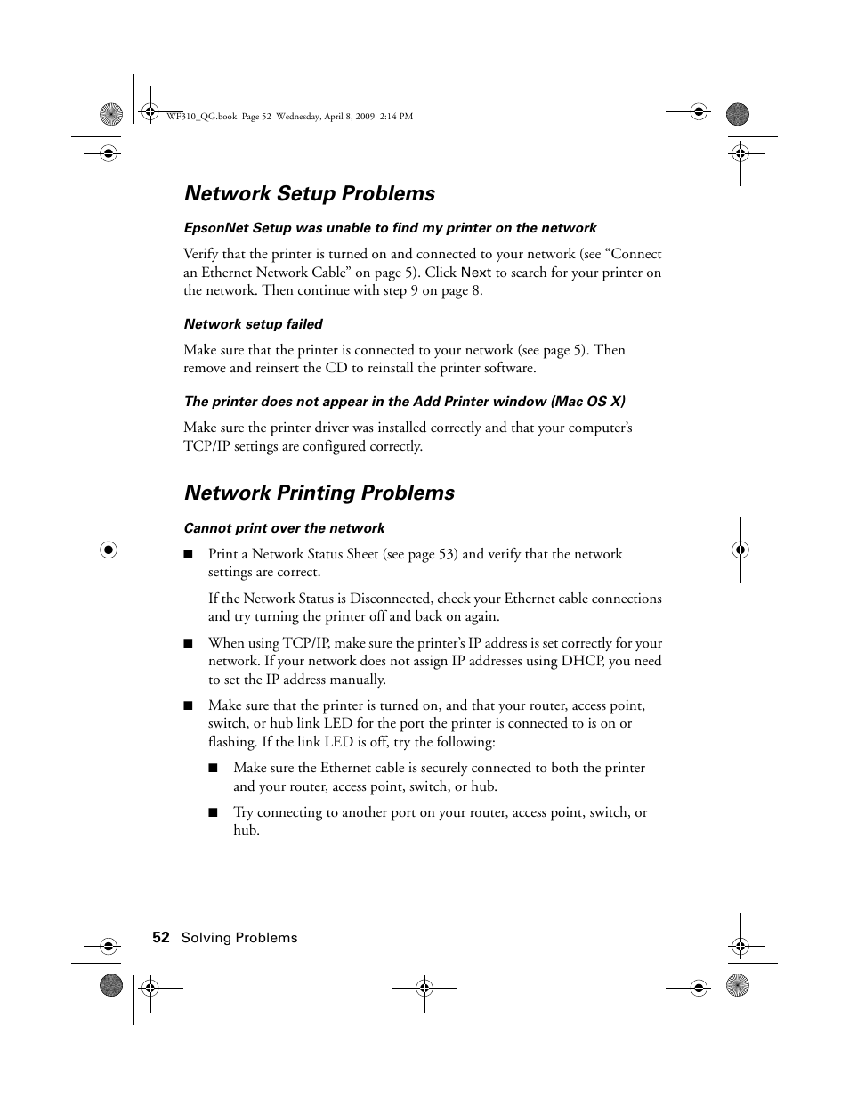 Network setup problems, Network printing problems | Epson WorkForce C362B User Manual | Page 52 / 64