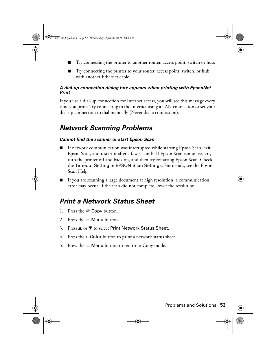 Network scanning problems, Print a network status sheet | Epson WorkForce C362B User Manual | Page 53 / 64