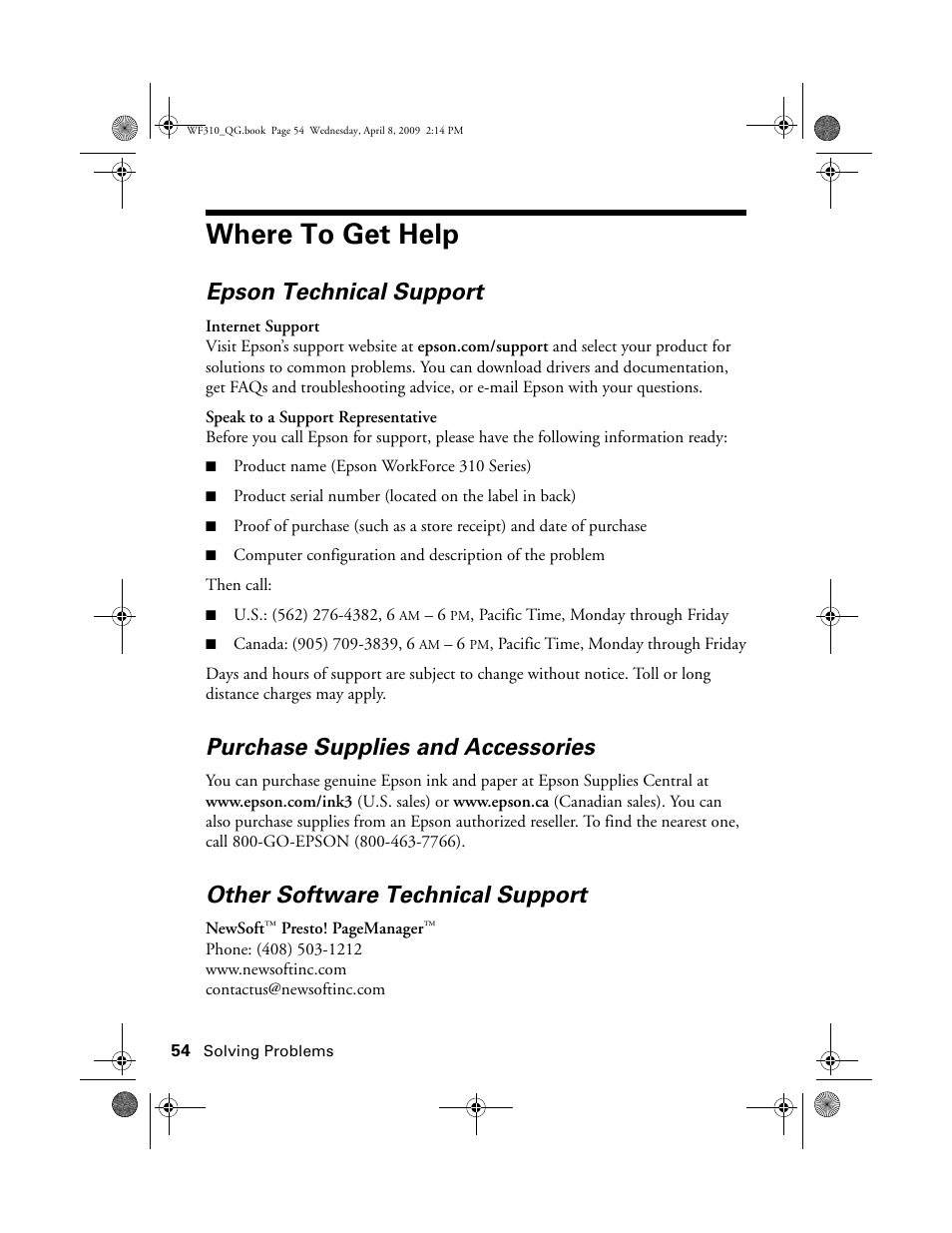 Where to get help, Epson technical support, Purchase supplies and accessories | Other software technical support | Epson WorkForce C362B User Manual | Page 54 / 64