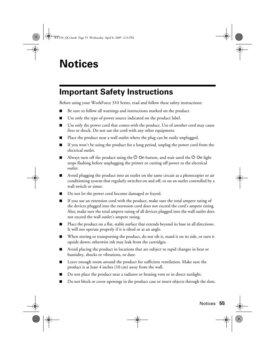 Notices, Important safety instructions | Epson WorkForce C362B User Manual | Page 55 / 64