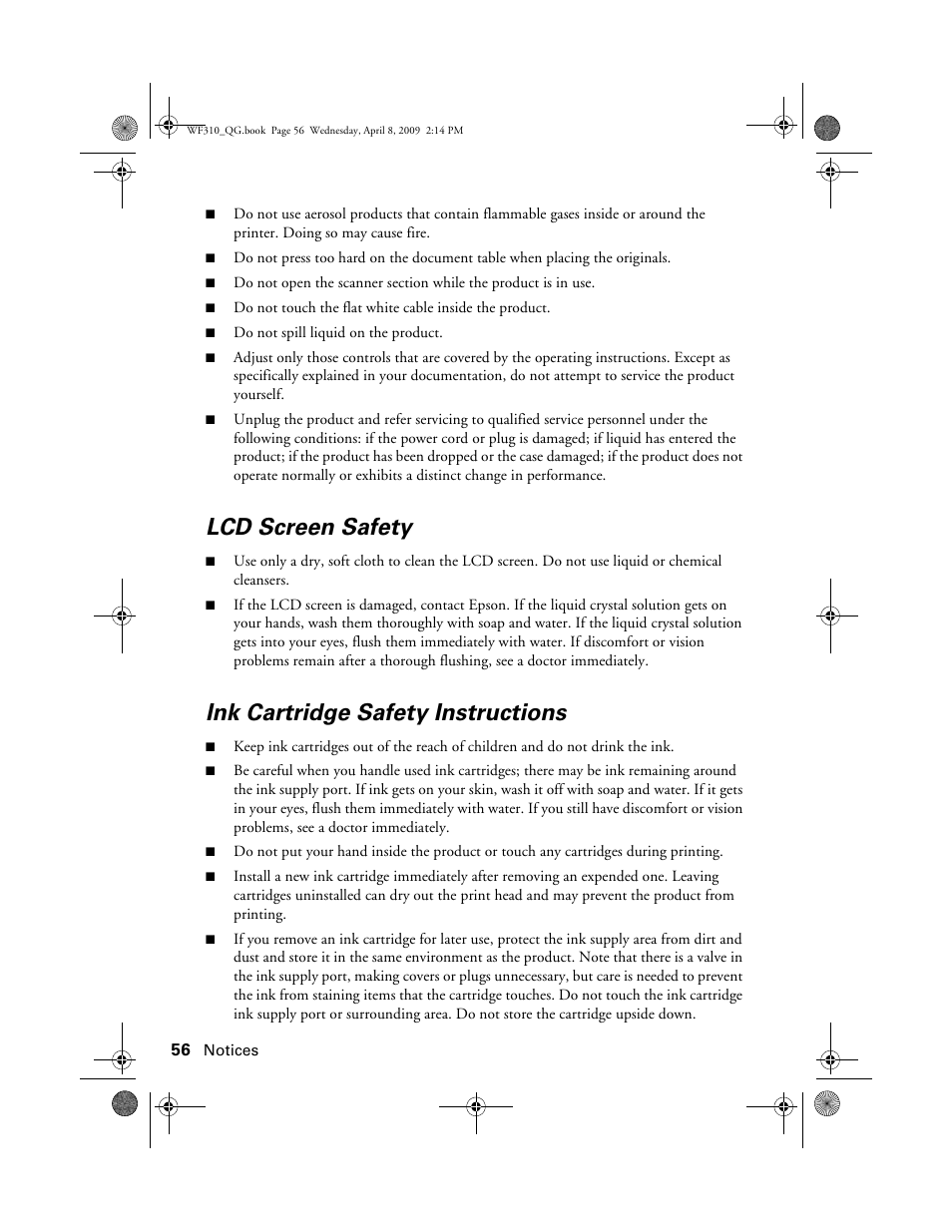 Lcd screen safety, Ink cartridge safety instructions | Epson WorkForce C362B User Manual | Page 56 / 64