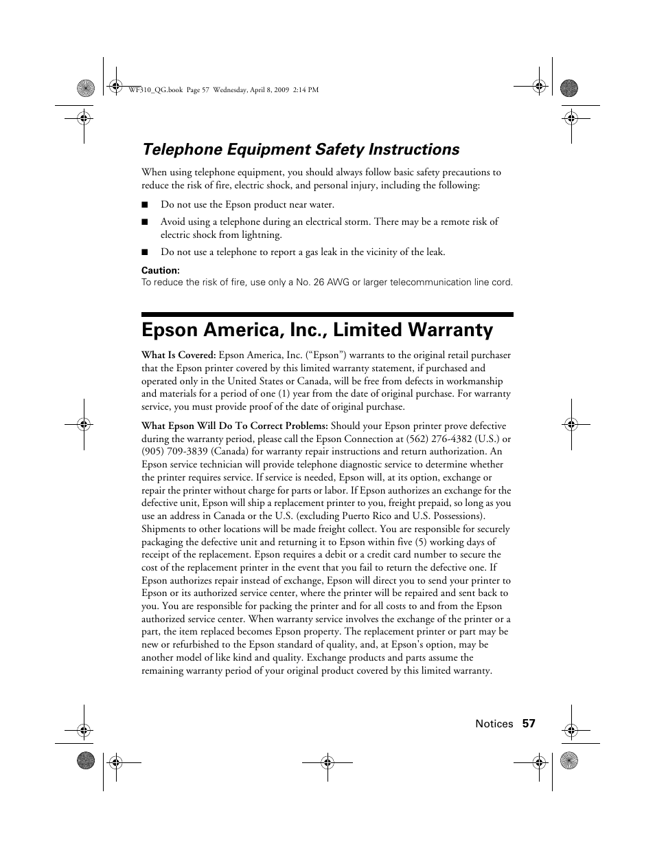Telephone equipment safety instructions, Epson america, inc., limited warranty, Warranty | Epson WorkForce C362B User Manual | Page 57 / 64