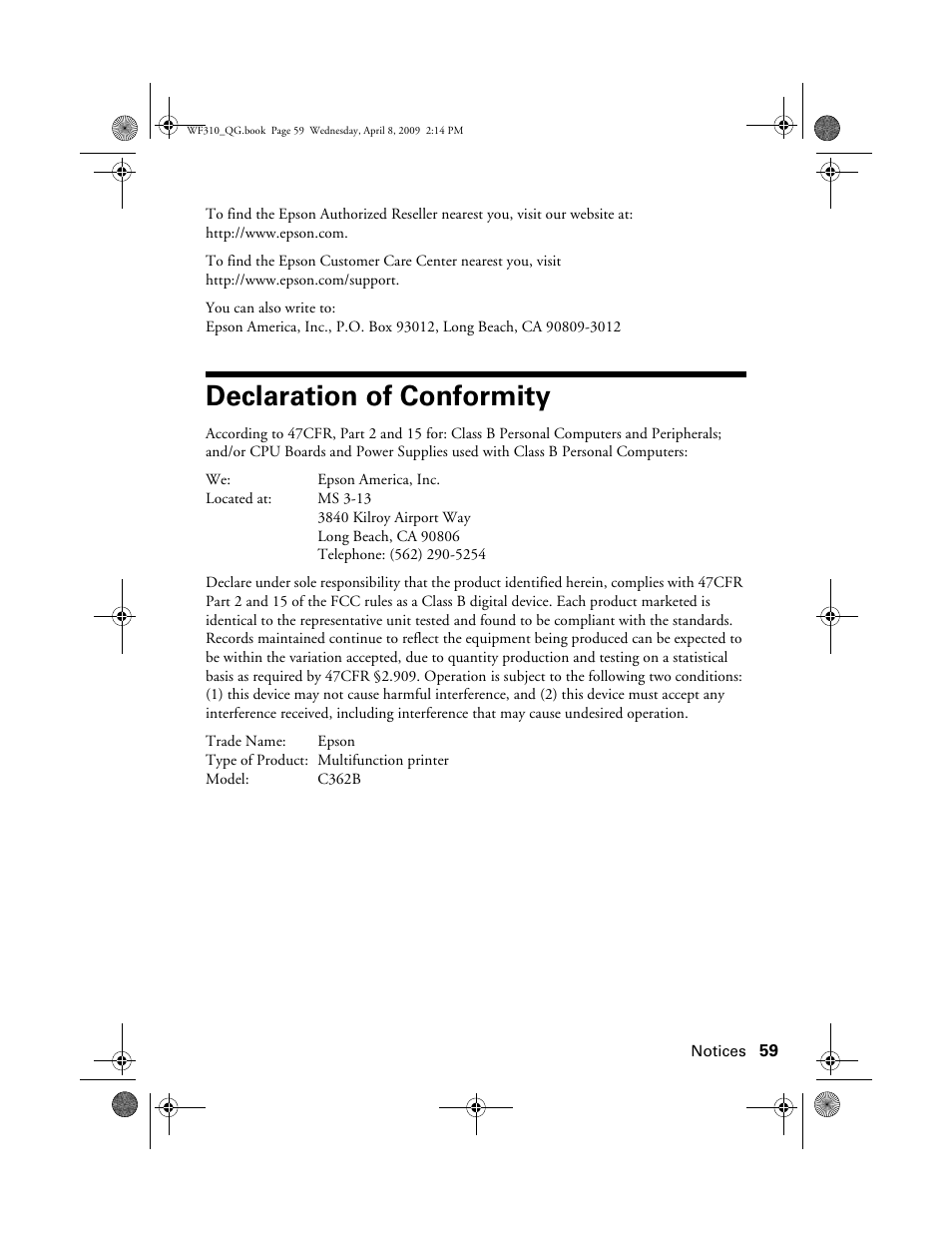 Declaration of conformity | Epson WorkForce C362B User Manual | Page 59 / 64