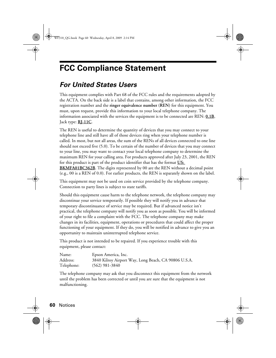 Fcc compliance statement, For united states users | Epson WorkForce C362B User Manual | Page 60 / 64