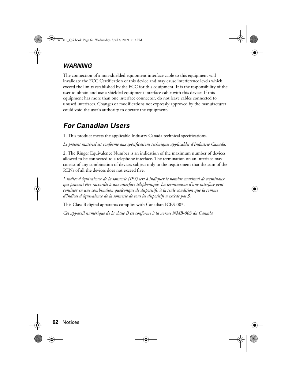 For canadian users | Epson WorkForce C362B User Manual | Page 62 / 64
