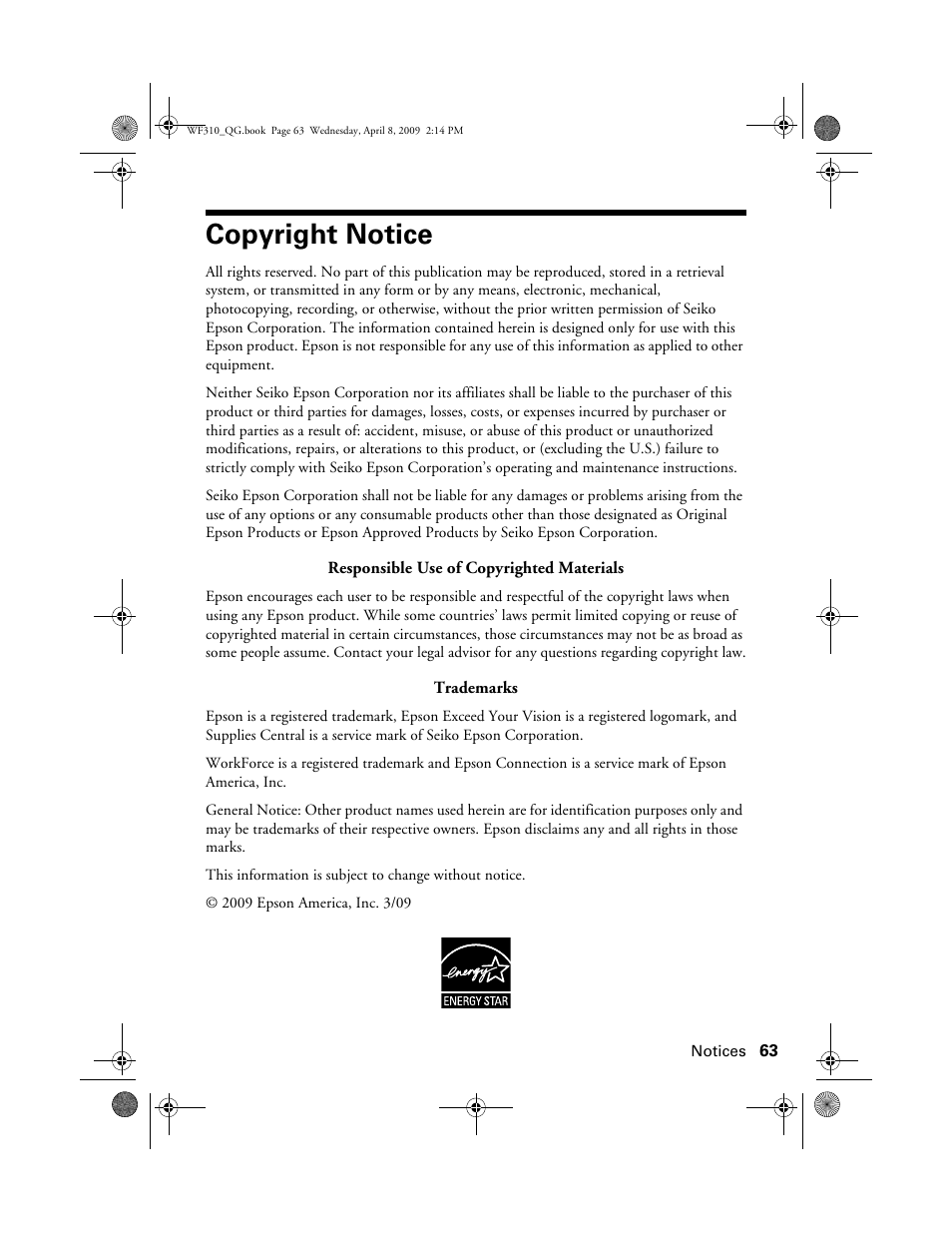 Copyright notice | Epson WorkForce C362B User Manual | Page 63 / 64