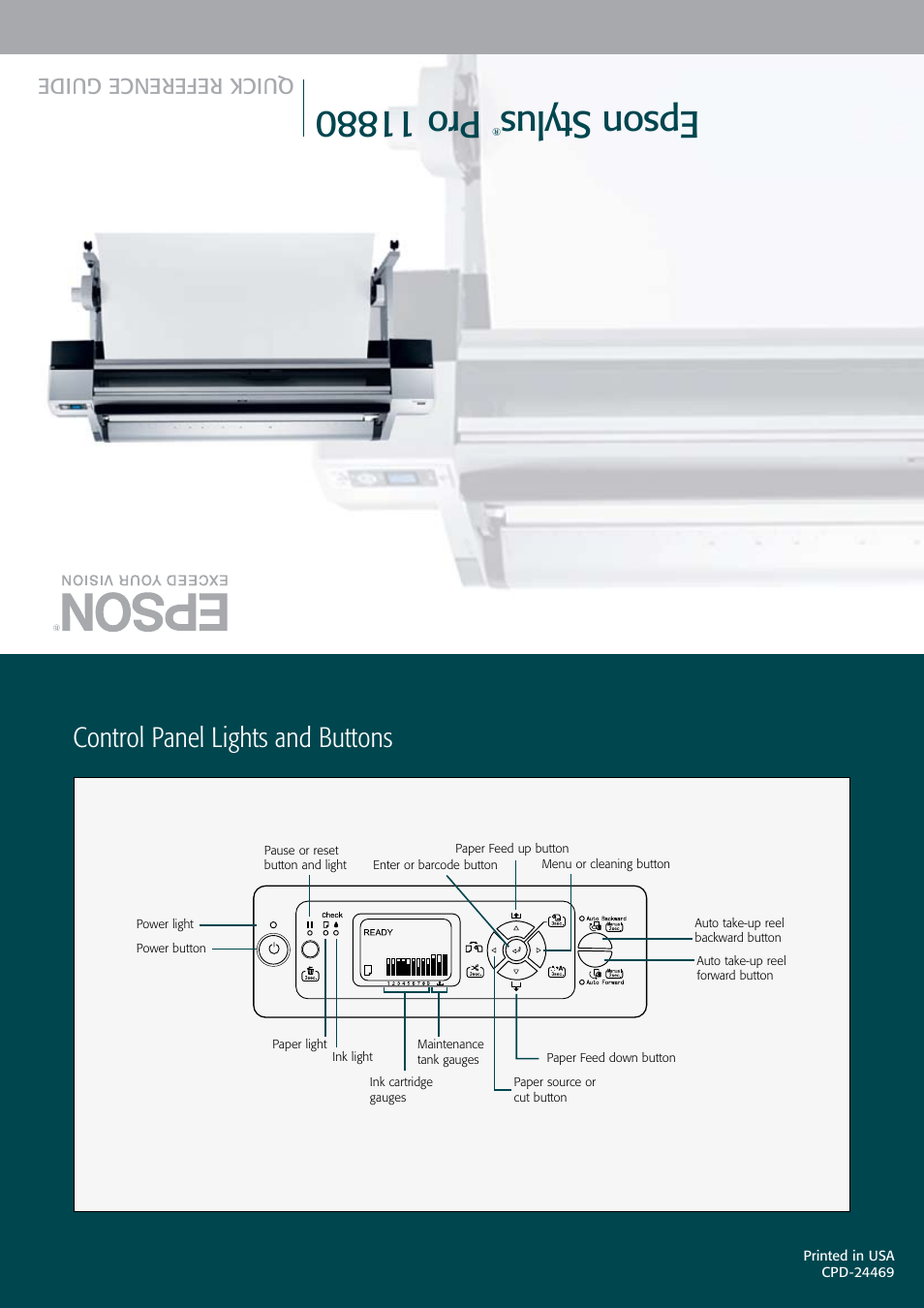 Control panel lights and buttons, Eps on sty lus | Epson 11880 User Manual | Page 13 / 13