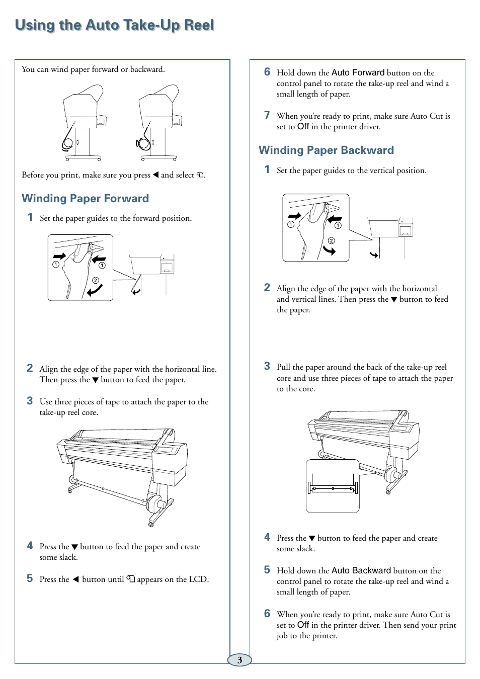 Using the auto take-up reel, Winding paper forward, Winding paper backward | Epson 11880 User Manual | Page 4 / 13