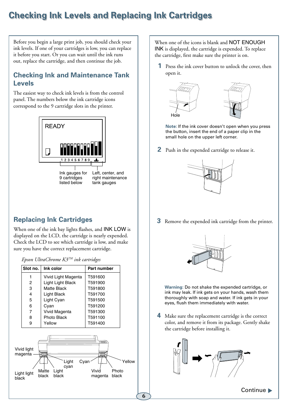 Checking ink levels and replacing ink cartridges, Checking ink and maintenance tank levels, Replacing ink cartridges | 6continue | Epson 11880 User Manual | Page 7 / 13