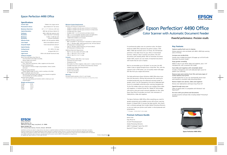 Epson perfection, 4490 office, Color scanner with automatic document feeder | Epson perfection 4490 office, Powerful performance. precision results | Epson PERFECTION 4490 User Manual | Page 2 / 2